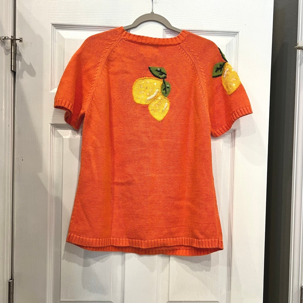 Quacker Factory Knit Top Ramie Cotton Lemon Applique Cottagecore Orange M - Picture 2 of 9